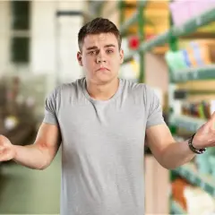 Młody mężczyzna w szarym t-shircie z wyciągniętymi rękami, pytający o cenę.